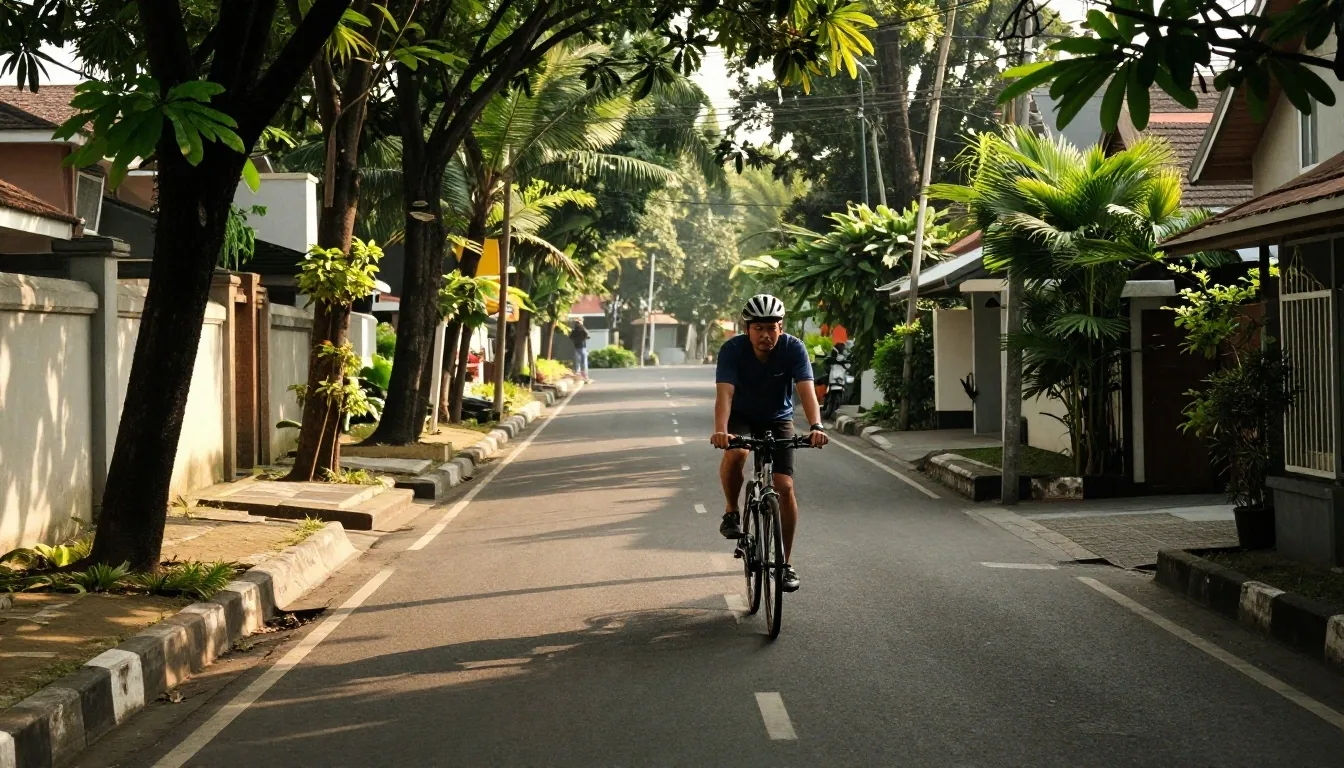 A man jogging along a quiet tree-lined residential lane in Bandung in the late afternoon