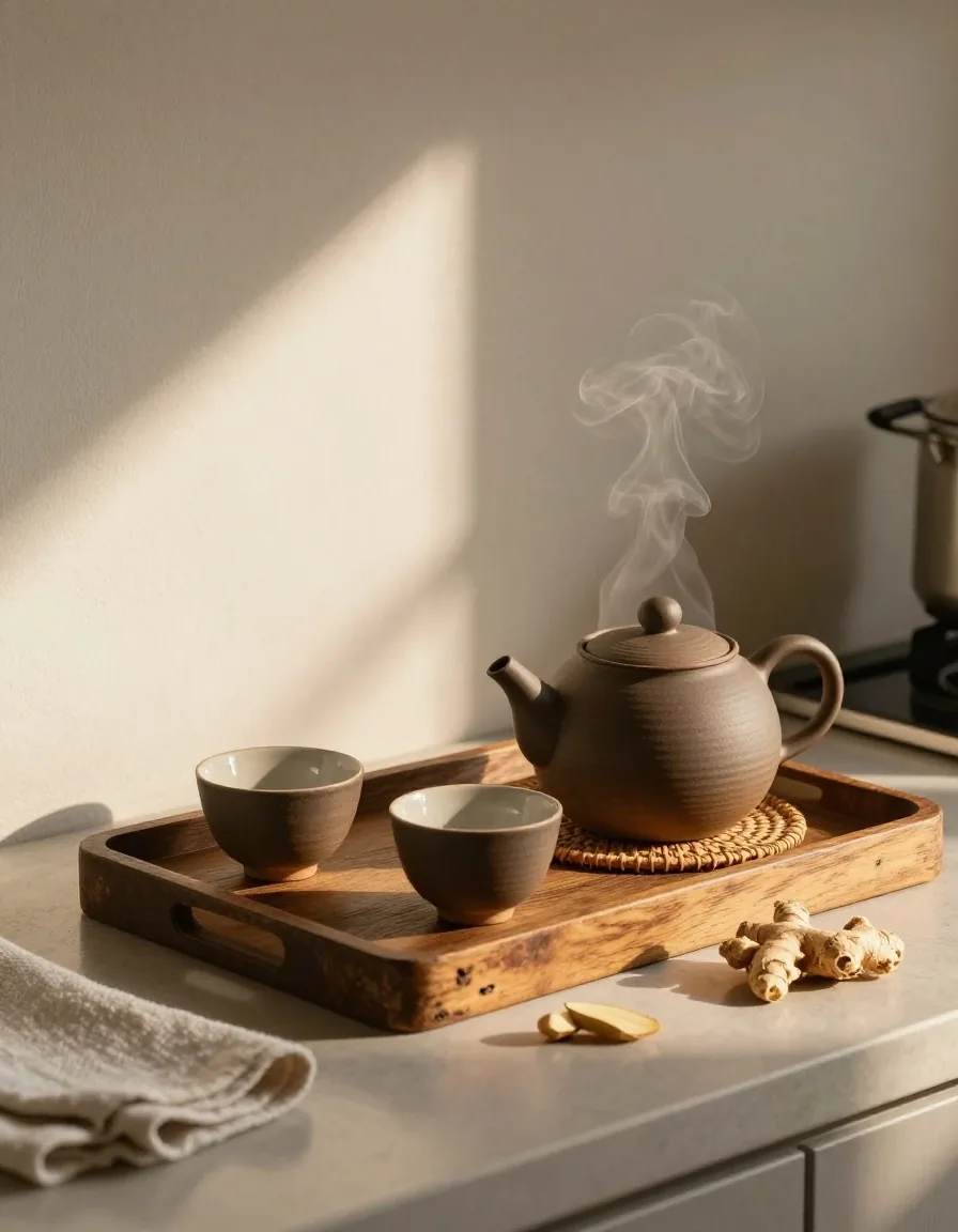 A small cloth-bound notebook open on a dark wooden desk beside a pen and a cup of coffee