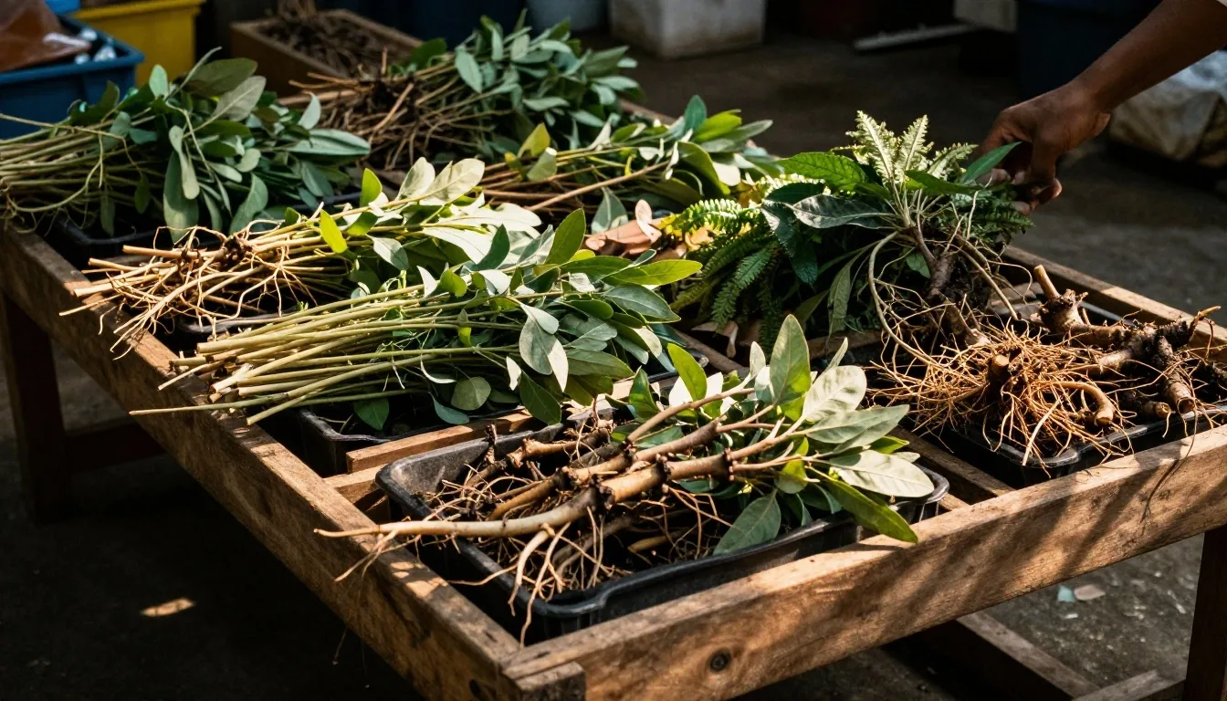 Drying racks of botanical cuttings at a Bandung supply floor in late afternoon light