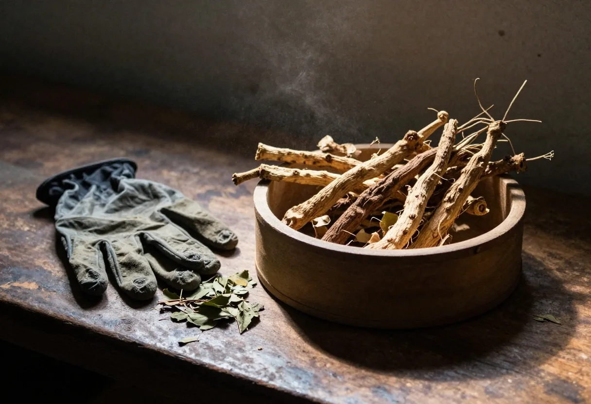 Hands sorting dried botanical cuttings on a dark wood table
