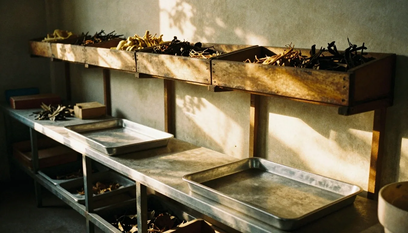 Hands sorting dried botanical ingredients at a Bandung sorting bench in late afternoon light