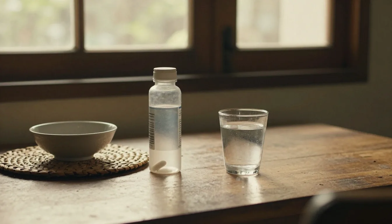 A sealed supplement container and a glass of water on a kitchen counter in late afternoon light