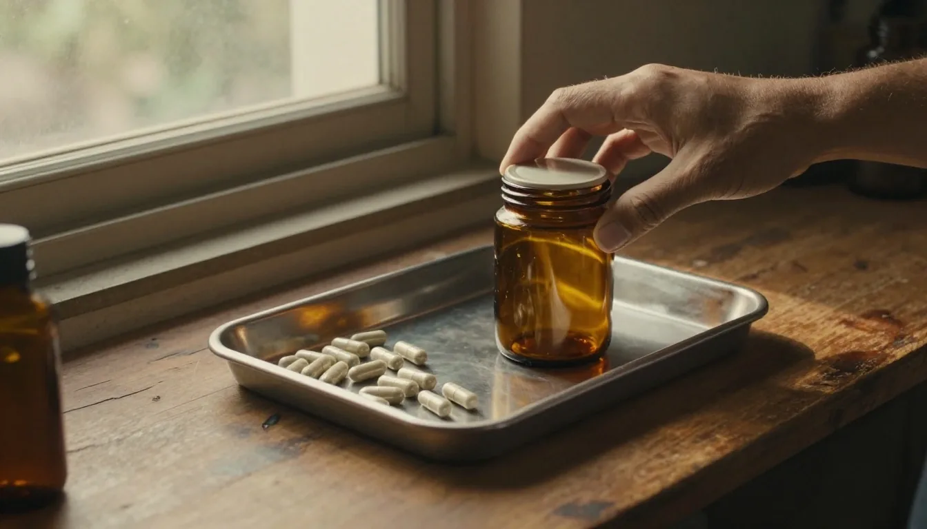 A stainless capsule bench with a tray of tablets and an amber glass container