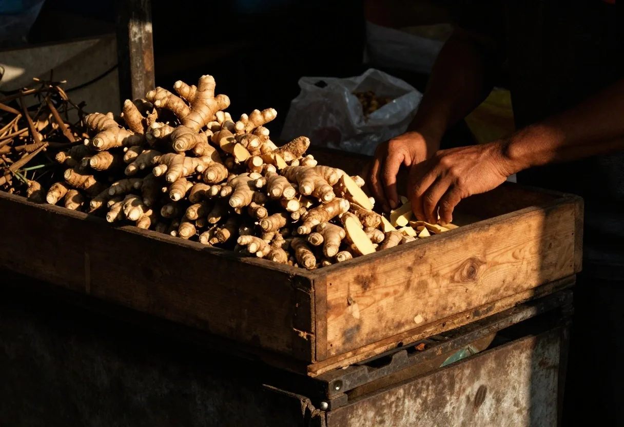 A crate of rough-cut botanical roots and dried ginger on a dark wooden table
