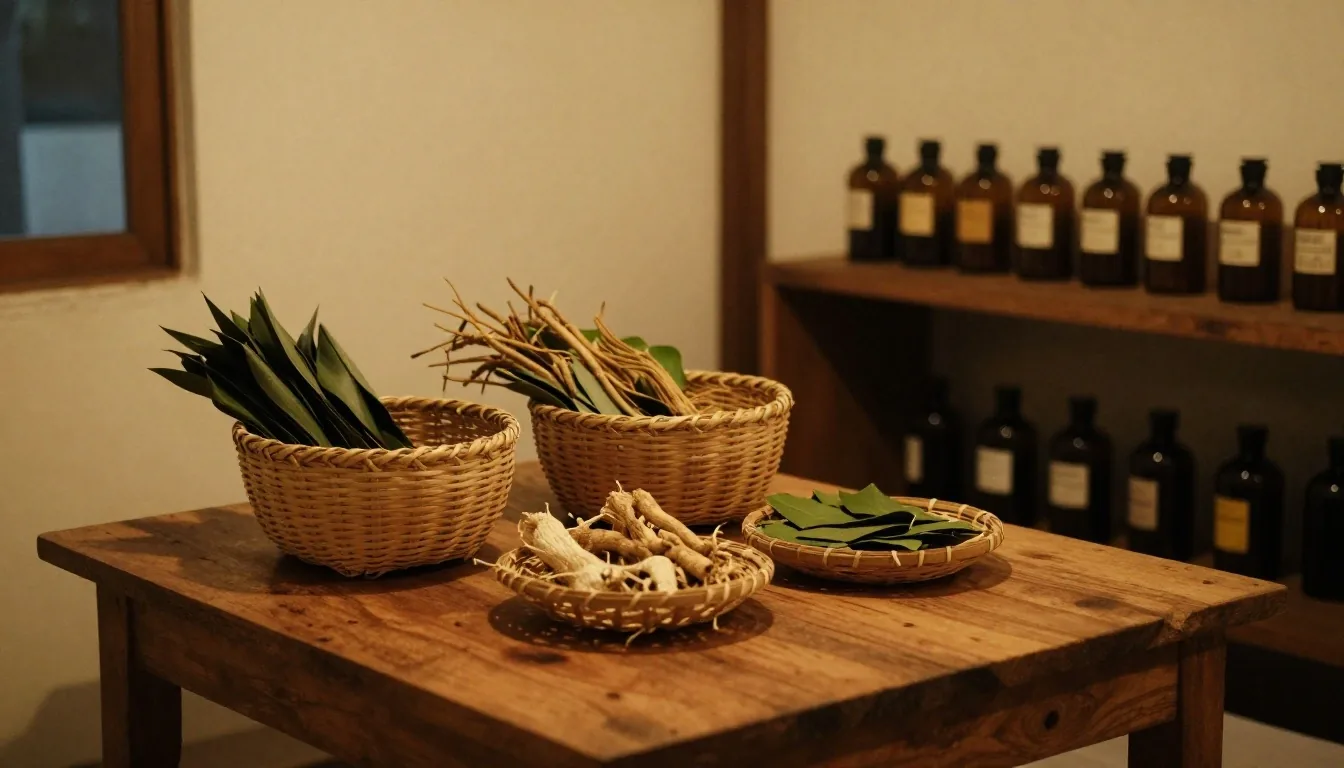 Drying racks of botanical cuttings inside a small Bandung workshop, low afternoon light falling from the left