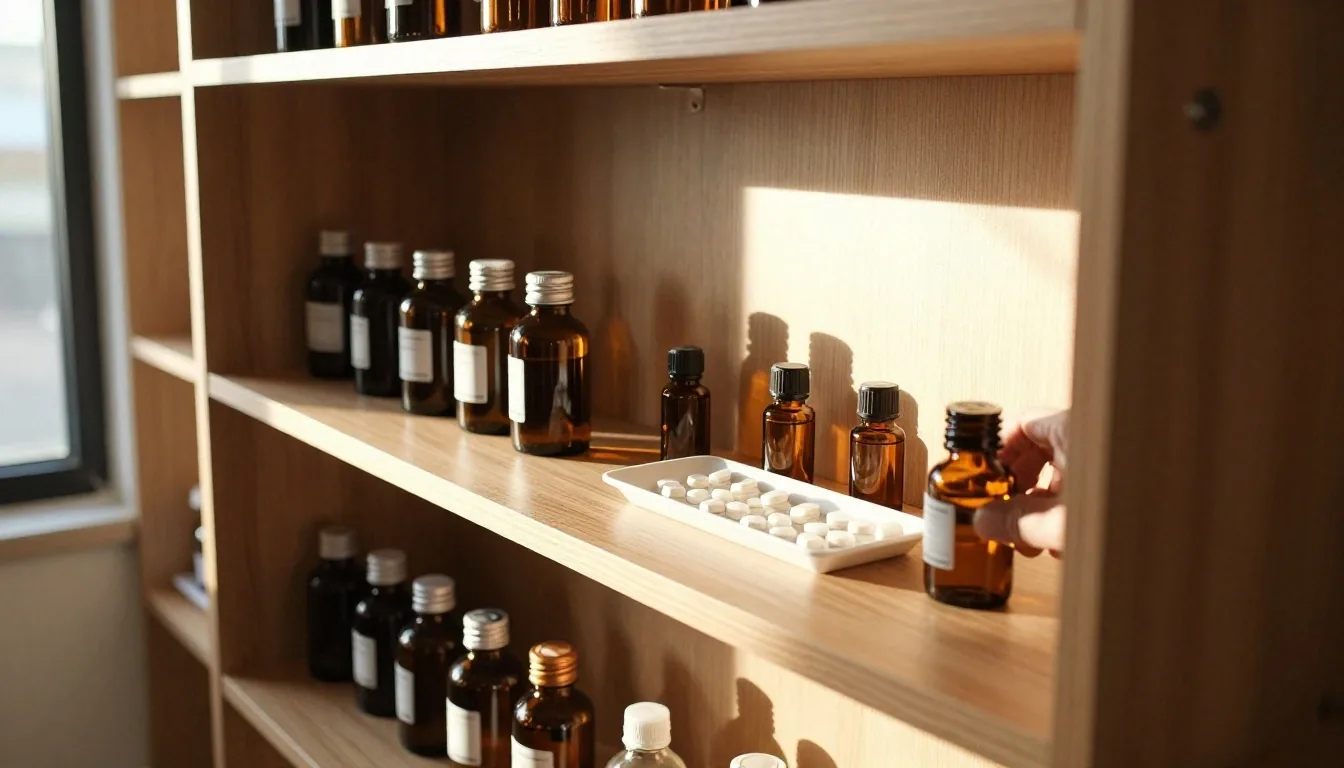 Stainless steel capping bench with a tray of cream tablets, gloved hands, and an amber glass container in warm afternoon light
