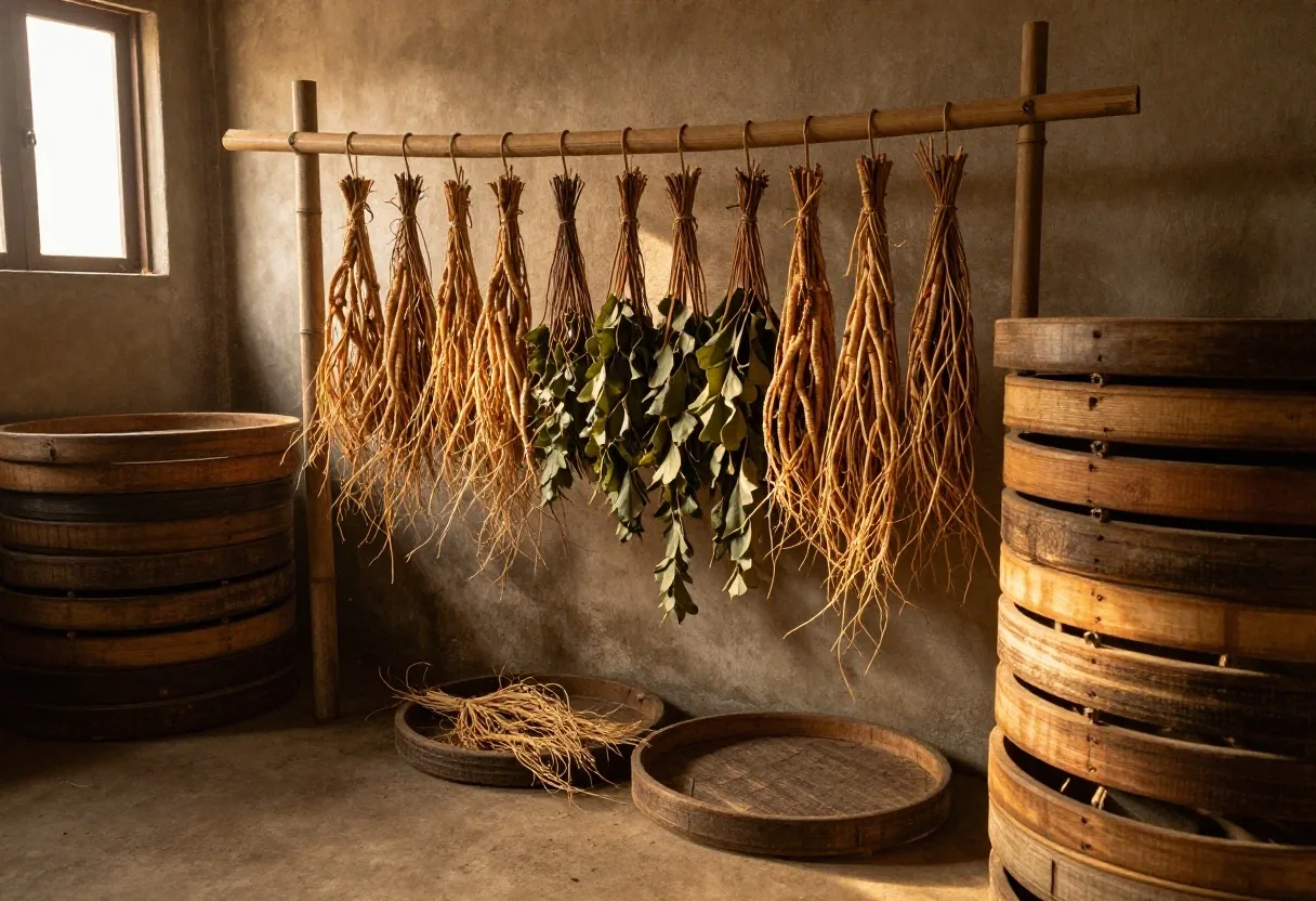 Drying racks with botanical cuttings in a Bandung supply workshop under late afternoon light