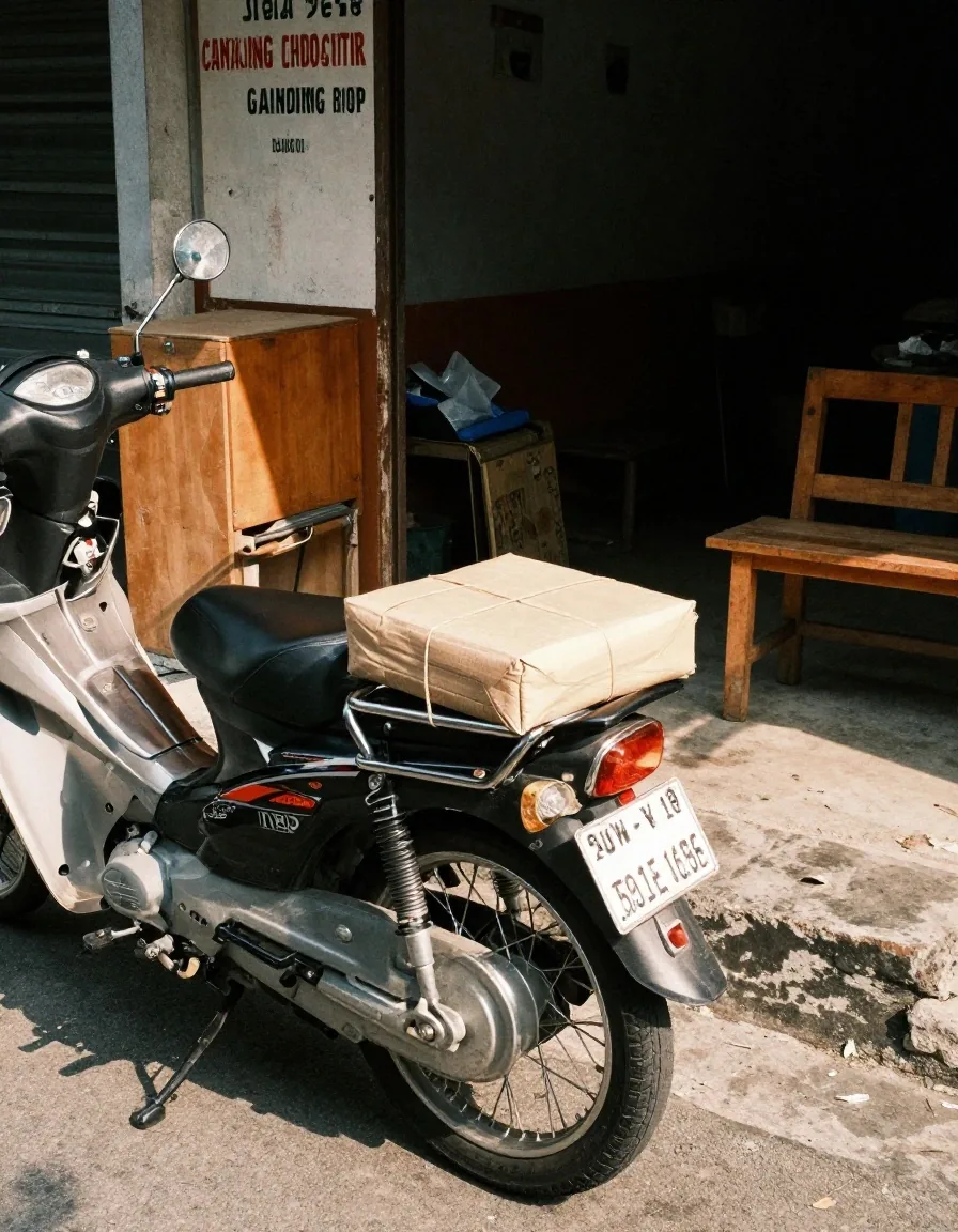 Sealed parcel resting on a timber bench with a stack of parcels behind it in a Bandung workshop
