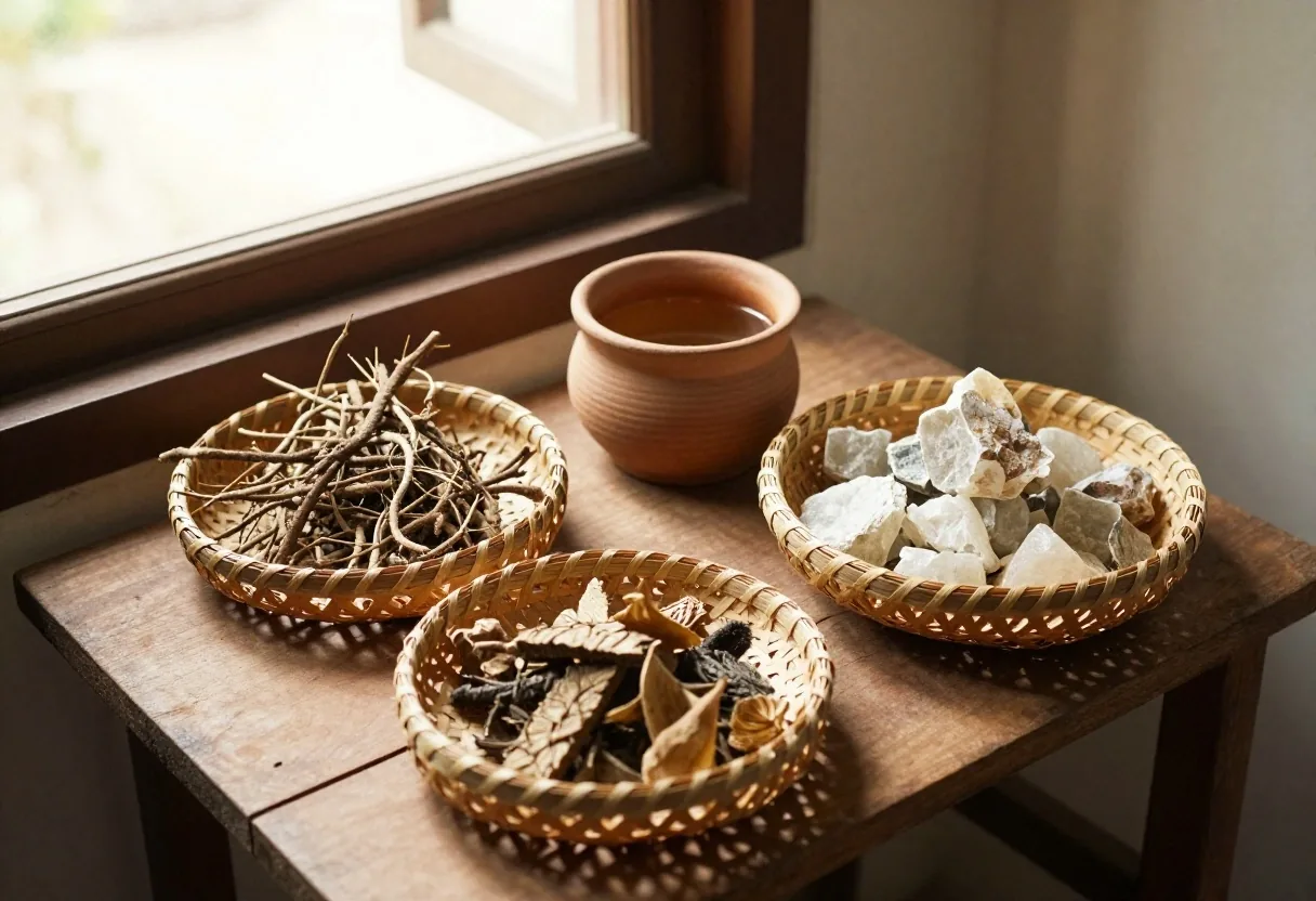 Two open containers of capsules and tablets with a glass of water on a worn dark wood table