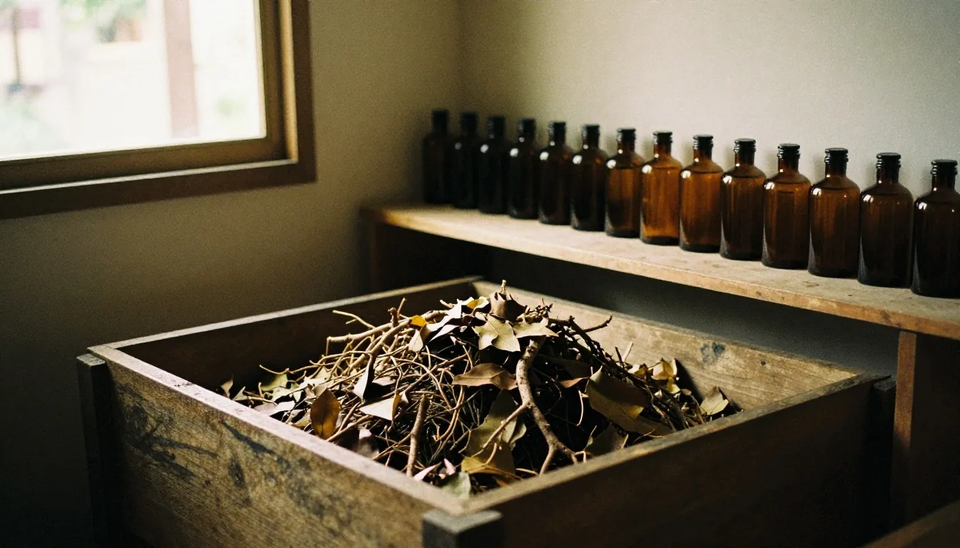 A Bandung supplement workshop bench with dried botanical cuttings and amber glass containers under late afternoon light